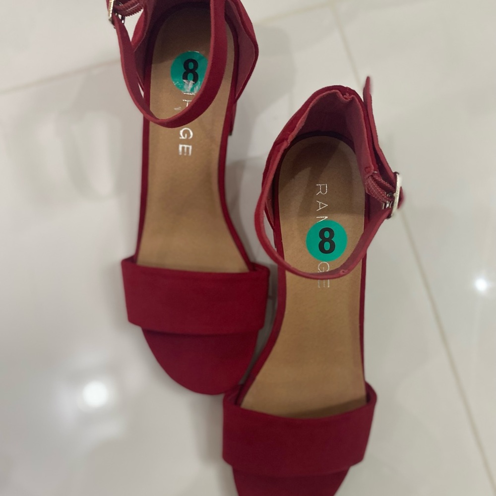 - RAMPAGE red suede block heel ankle strap sandals size 8 NEW